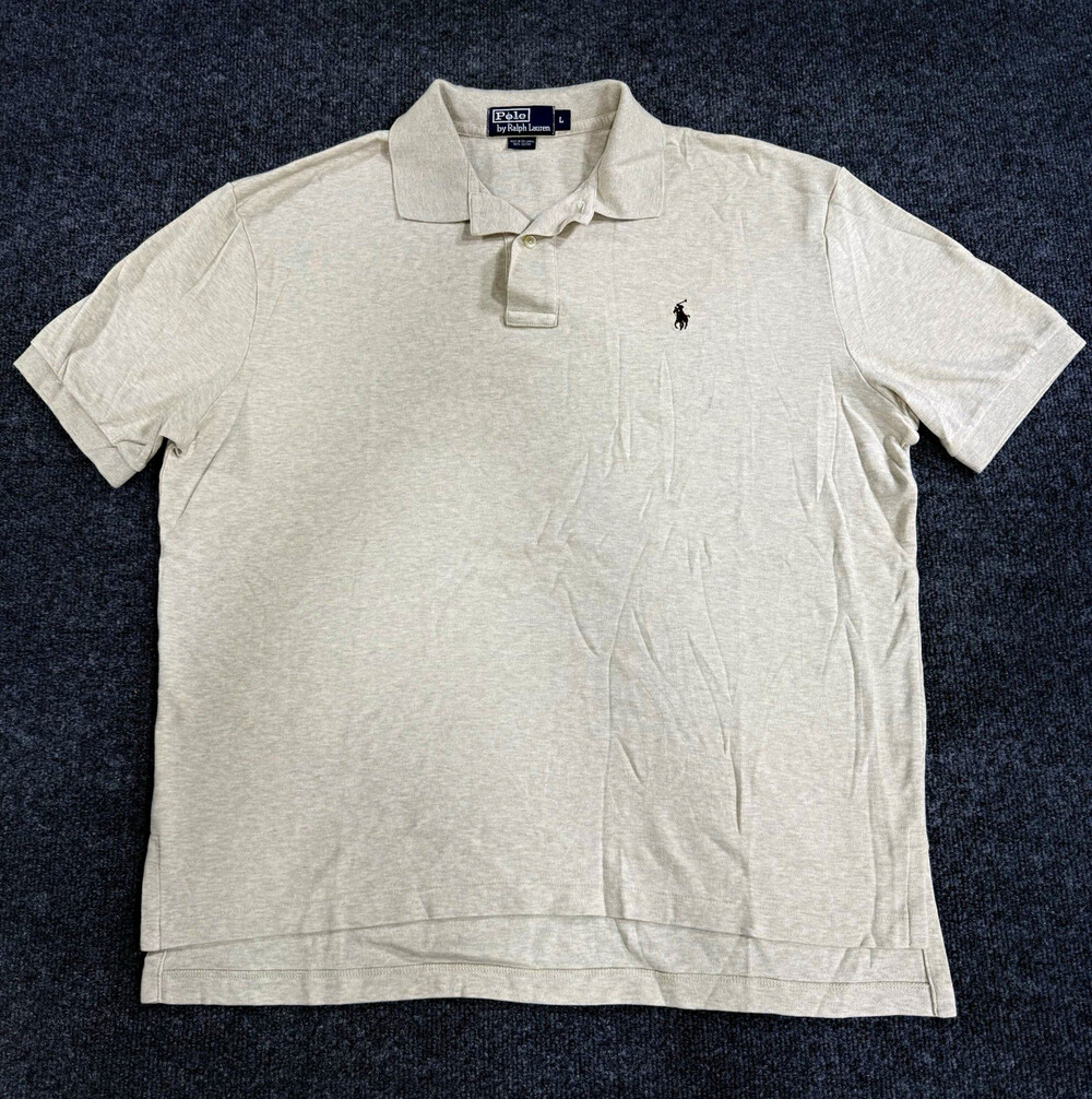 Polo Ralph Lauren Mens Large Oatmeal Heather Polo Shirt Brown Pony 100% Cotton
